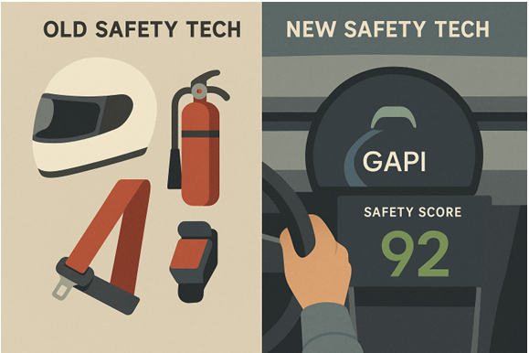 Slide titled ‘Helping Humans Enjoy Activities Without the Associated Risk’ compares old safety tech—helmet, fire extinguisher, seatbelt, and wristband—with new safety tech featuring GAPI and a digital dashboard displaying a safety score of 92. Highlights GAPI’s role in enhancing safety without taking control. • GAPI is augmenting humans common sense • The GAPI advocate limits dangerous behavior like a coach • Like a seatbelt or a smoke detector—there to help, not control • GAPI is not designed to to take full control of the users mobility or behavior, it only does so when it is absolutely necessary to prevent immediate harm